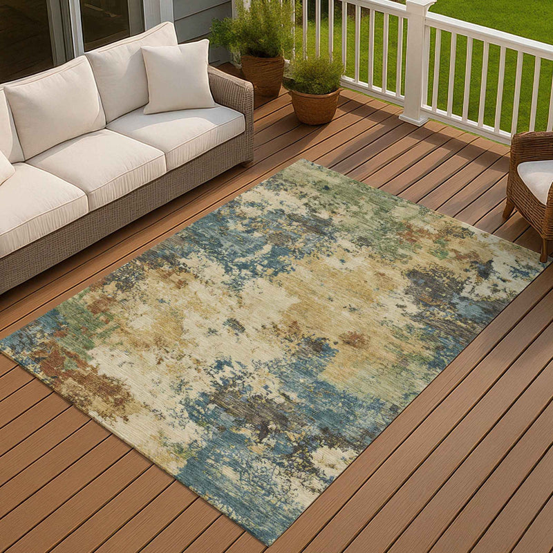 9' X 12' Beige Blue And Gray Abstract Washable Indoor Outdoor Area Rug