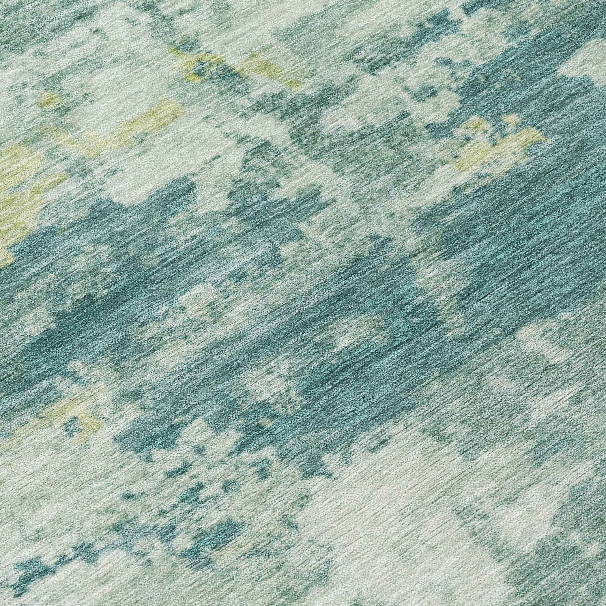 9' X 12' Teal Blue Ivory And Gold Abstract Washable Indoor Outdoor Area Rug