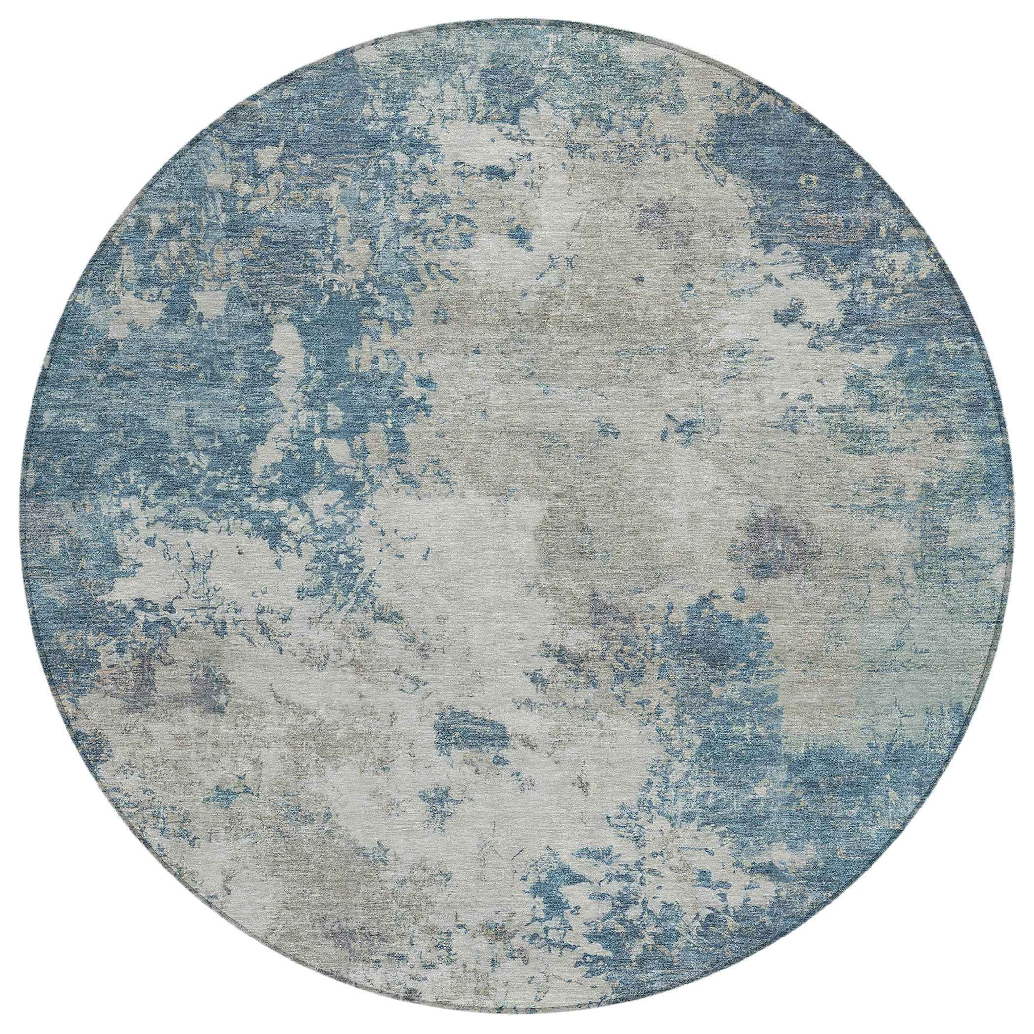8' Denim Blue And Gray Round Abstract Washable Indoor Outdoor Area Rug