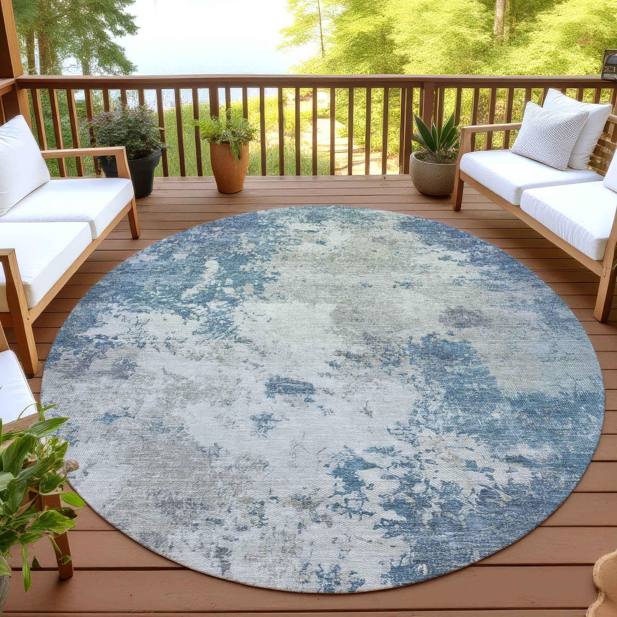 8' Denim Blue And Gray Round Abstract Washable Indoor Outdoor Area Rug