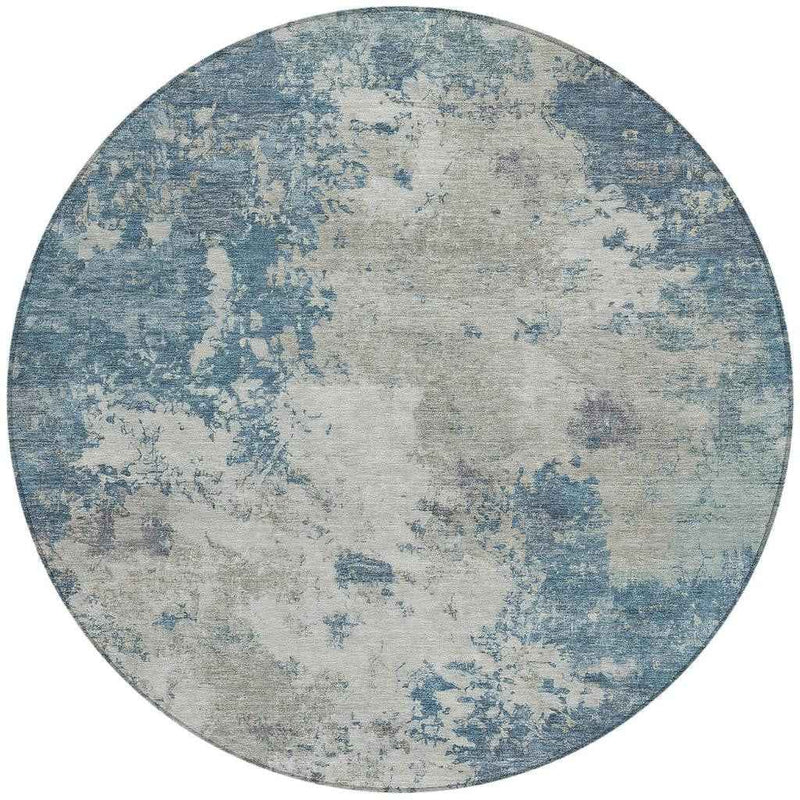 8' Denim Blue And Gray Round Abstract Washable Indoor Outdoor Area Rug