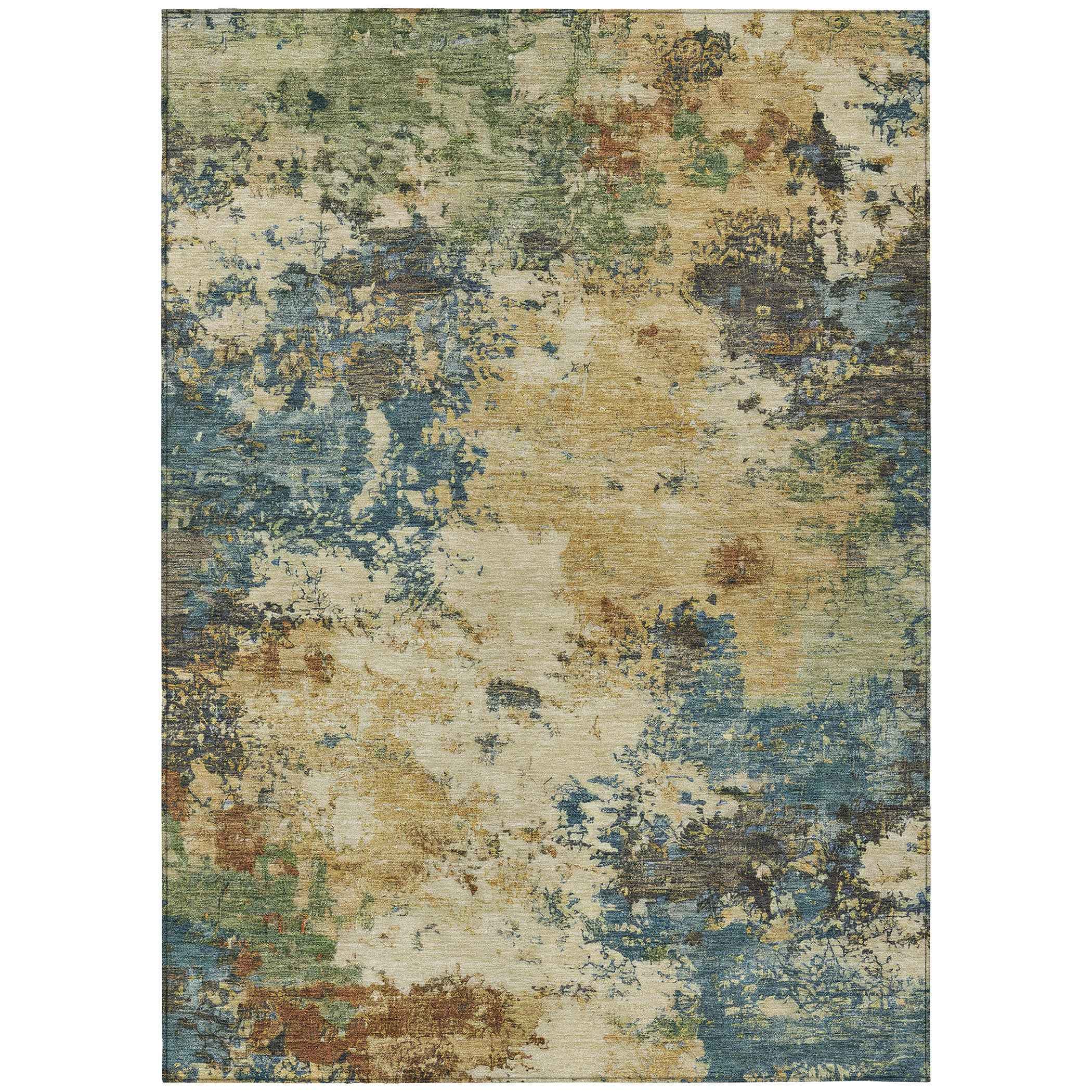 3' X 5' Beige Blue And Gray Abstract Washable Indoor Outdoor Area Rug