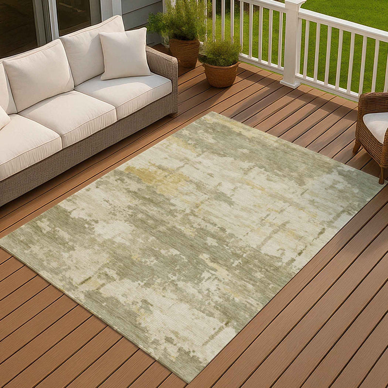 5' X 8' Sage Ivory And Gold Abstract Washable Indoor Outdoor Area Rug