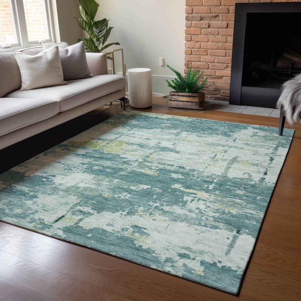 3' X 5' Teal Blue Ivory And Gold Abstract Washable Indoor Outdoor Area Rug