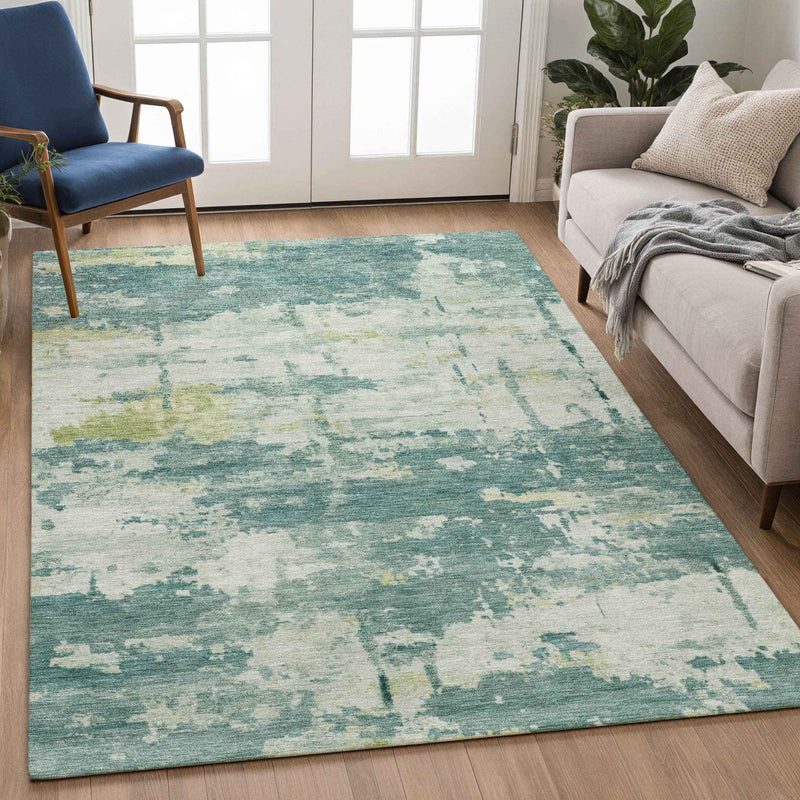 3' X 5' Teal Blue Ivory And Gold Abstract Washable Indoor Outdoor Area Rug
