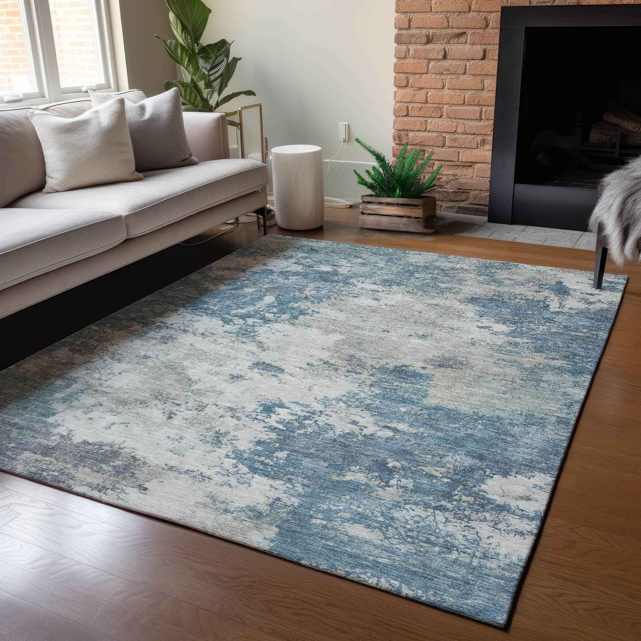 9' X 12' Denim Blue And Gray Abstract Washable Indoor Outdoor Area Rug