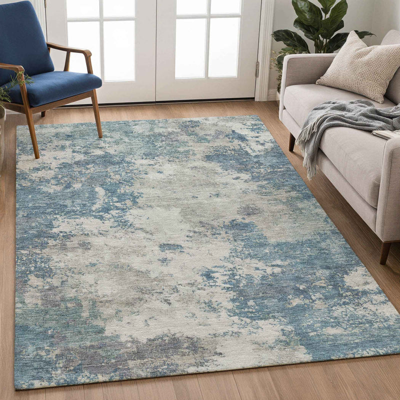 9' X 12' Denim Blue And Gray Abstract Washable Indoor Outdoor Area Rug