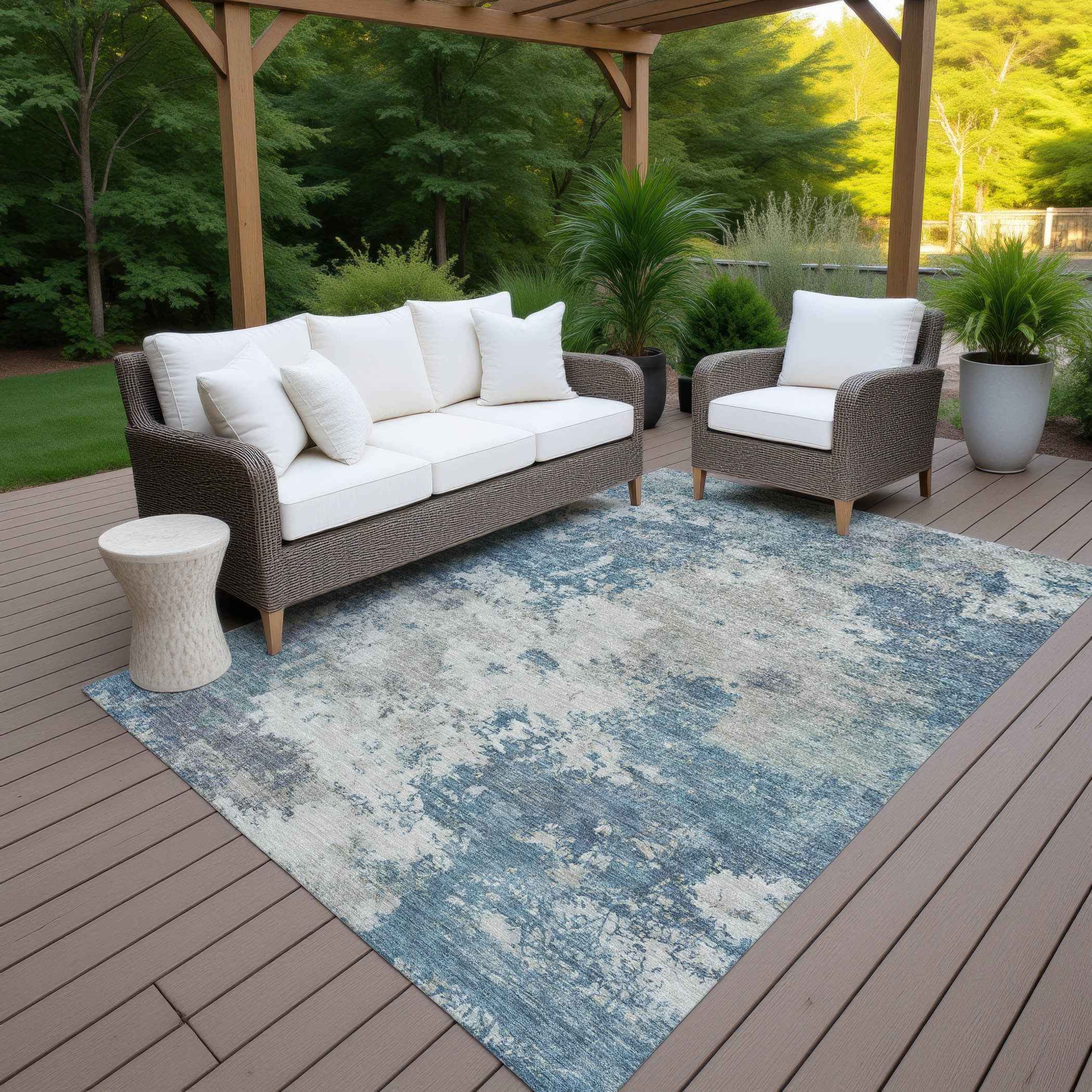 9' X 12' Denim Blue And Gray Abstract Washable Indoor Outdoor Area Rug