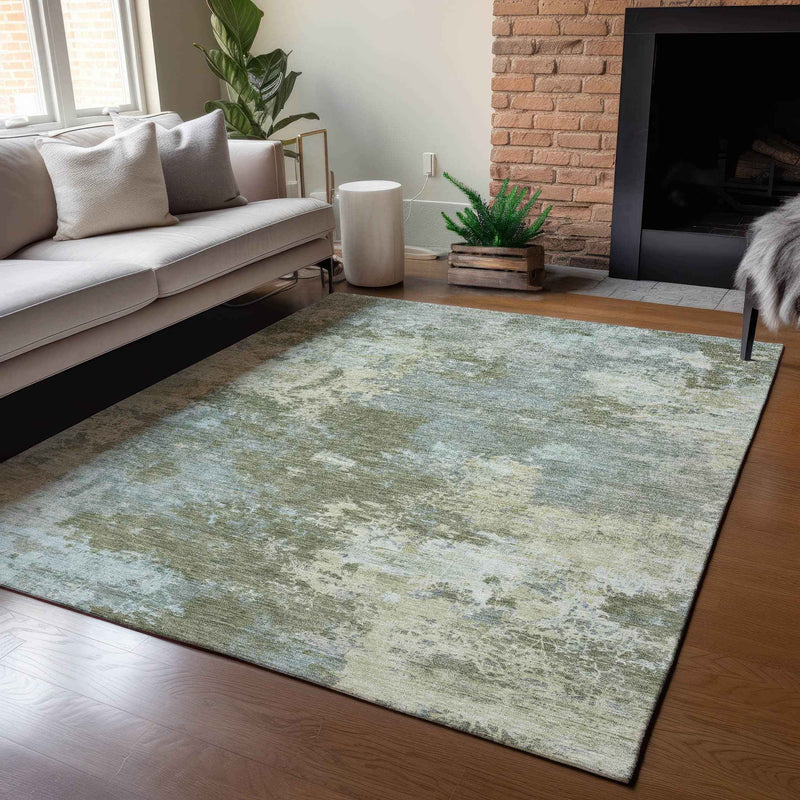 3' X 5' Fern Green And Beige Abstract Washable Indoor Outdoor Area Rug
