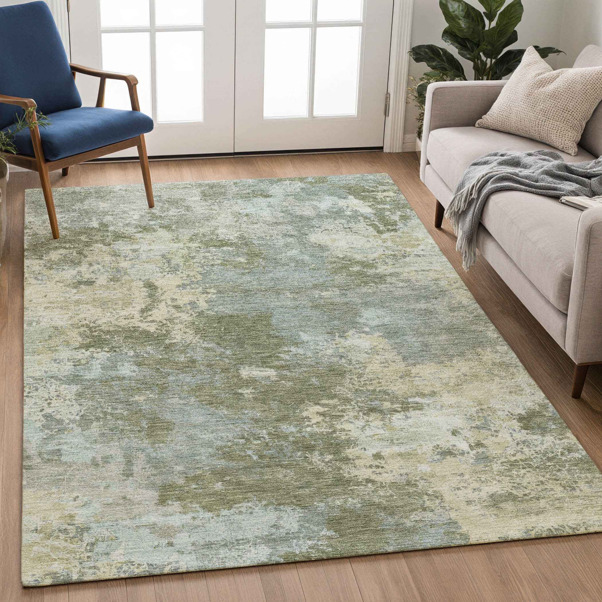 3' X 5' Fern Green And Beige Abstract Washable Indoor Outdoor Area Rug