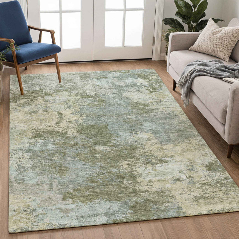 3' X 5' Fern Green And Beige Abstract Washable Indoor Outdoor Area Rug