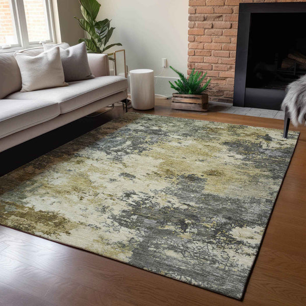 3' X 5' Pewter And Gold Abstract Washable Indoor Outdoor Area Rug