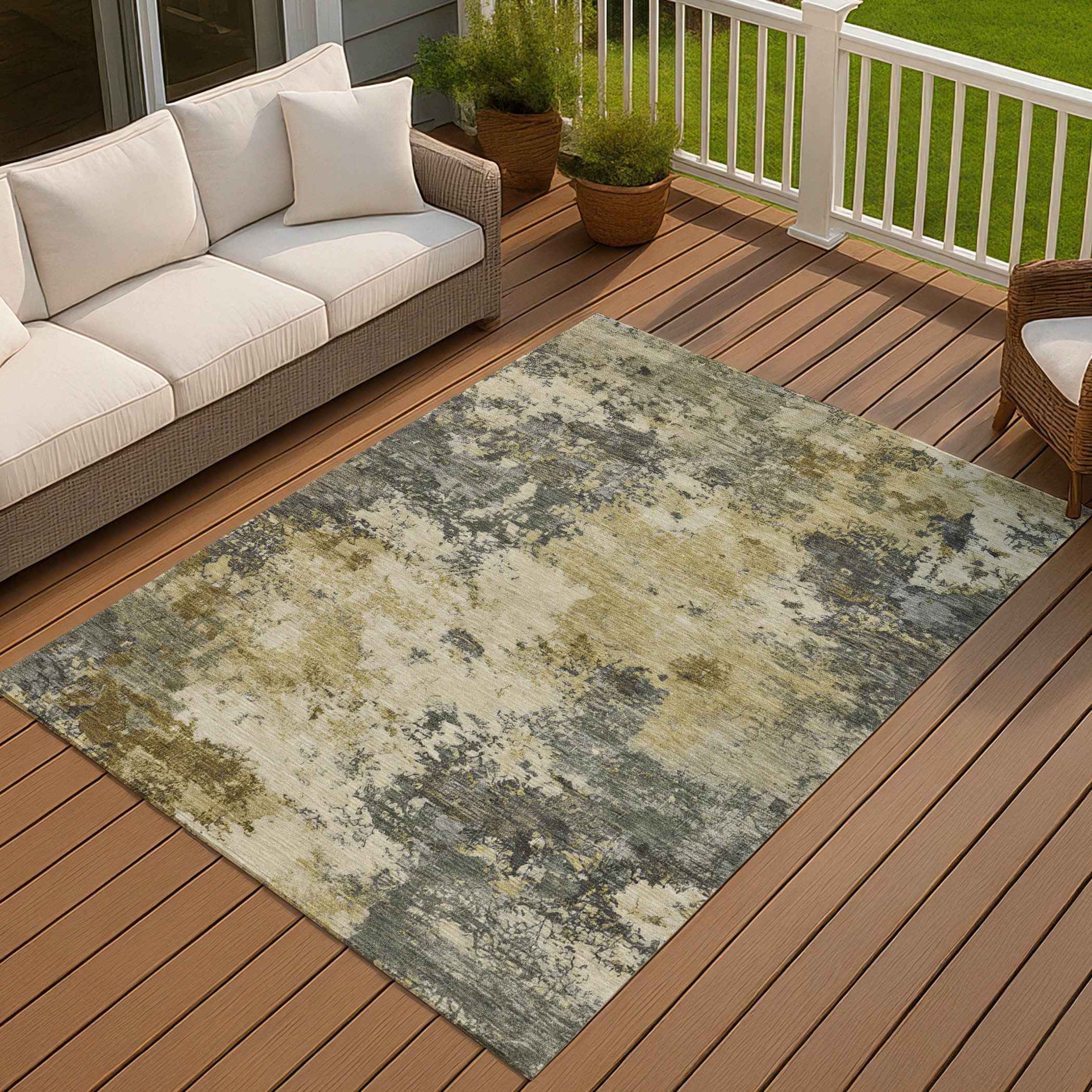 3' X 5' Pewter And Gold Abstract Washable Indoor Outdoor Area Rug