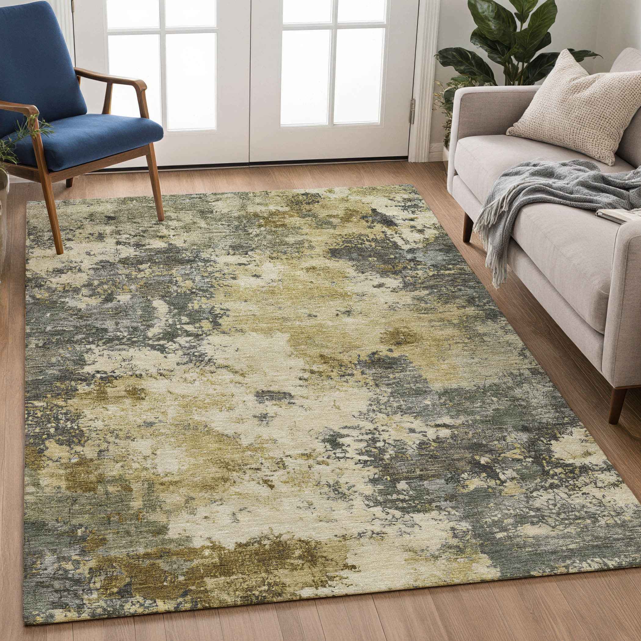 3' X 5' Pewter And Gold Abstract Washable Indoor Outdoor Area Rug