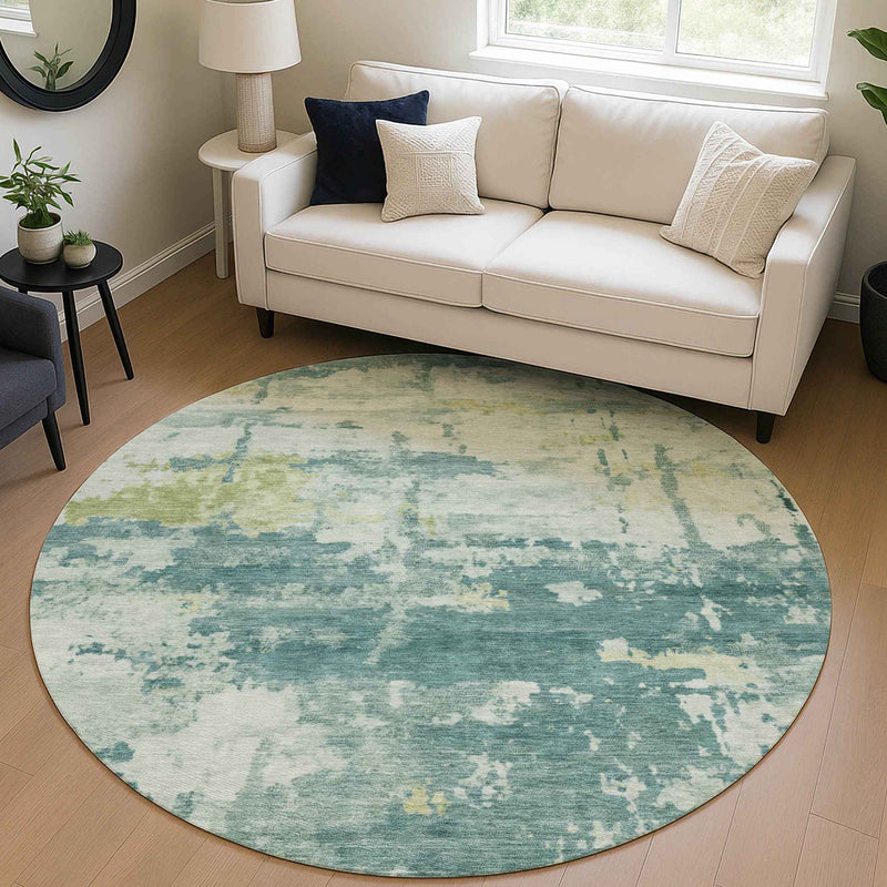 8' Teal Blue Ivory And Gold Round Abstract Washable Indoor Outdoor Area Rug