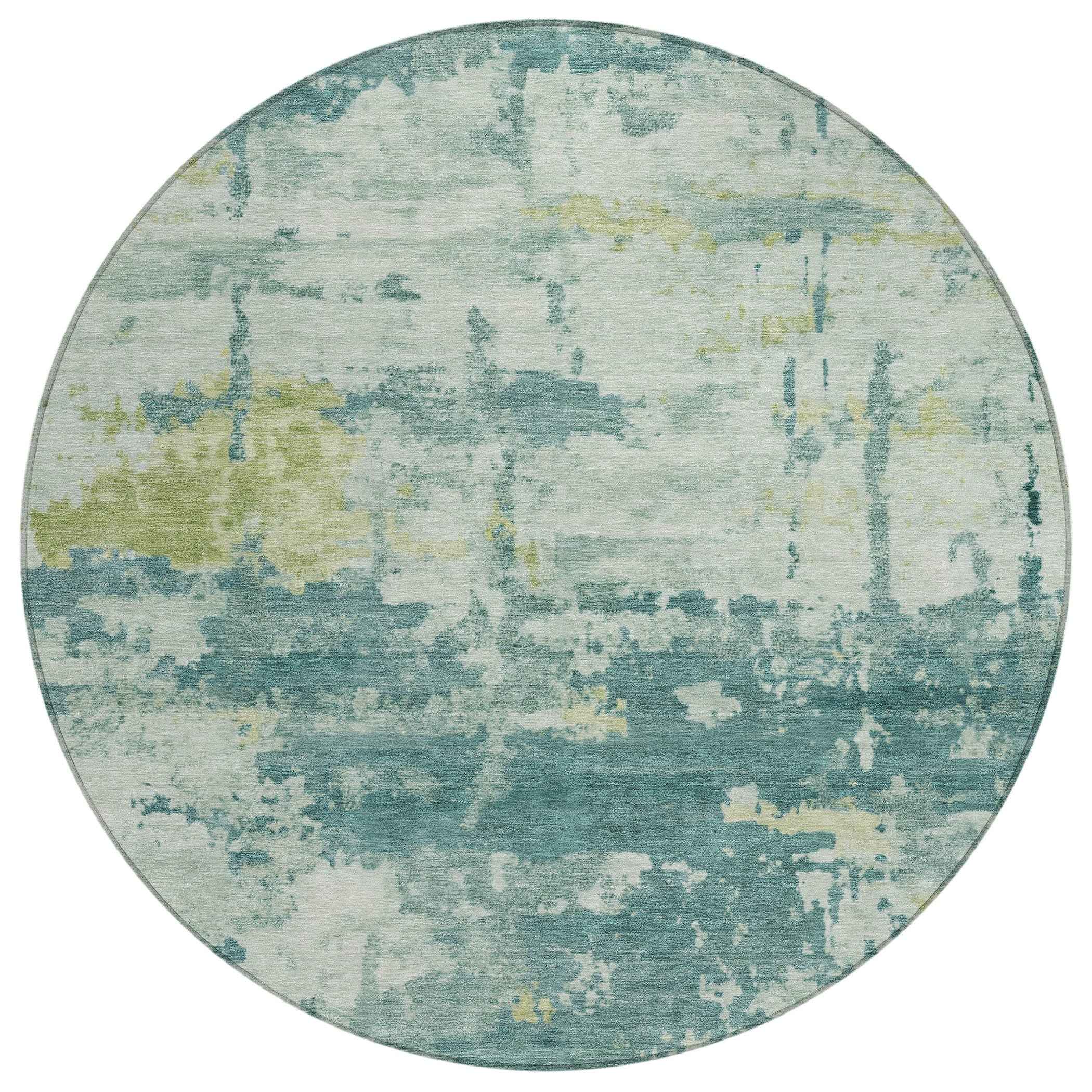 8' Teal Blue Ivory And Gold Round Abstract Washable Indoor Outdoor Area Rug