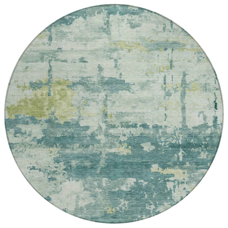 8' Teal Blue Ivory And Gold Round Abstract Washable Indoor Outdoor Area Rug