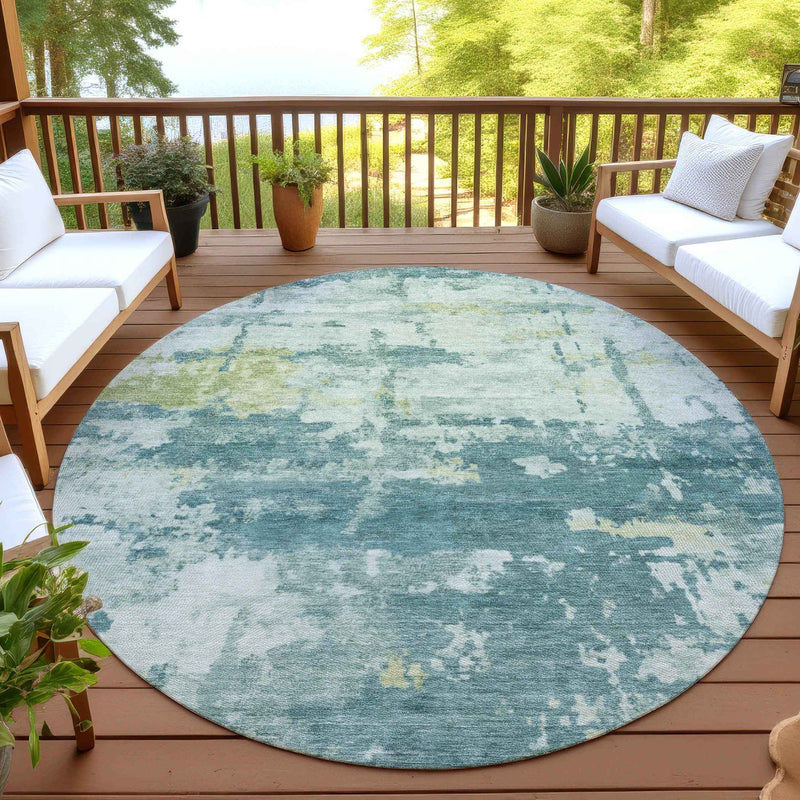 8' Teal Blue Ivory And Gold Round Abstract Washable Indoor Outdoor Area Rug