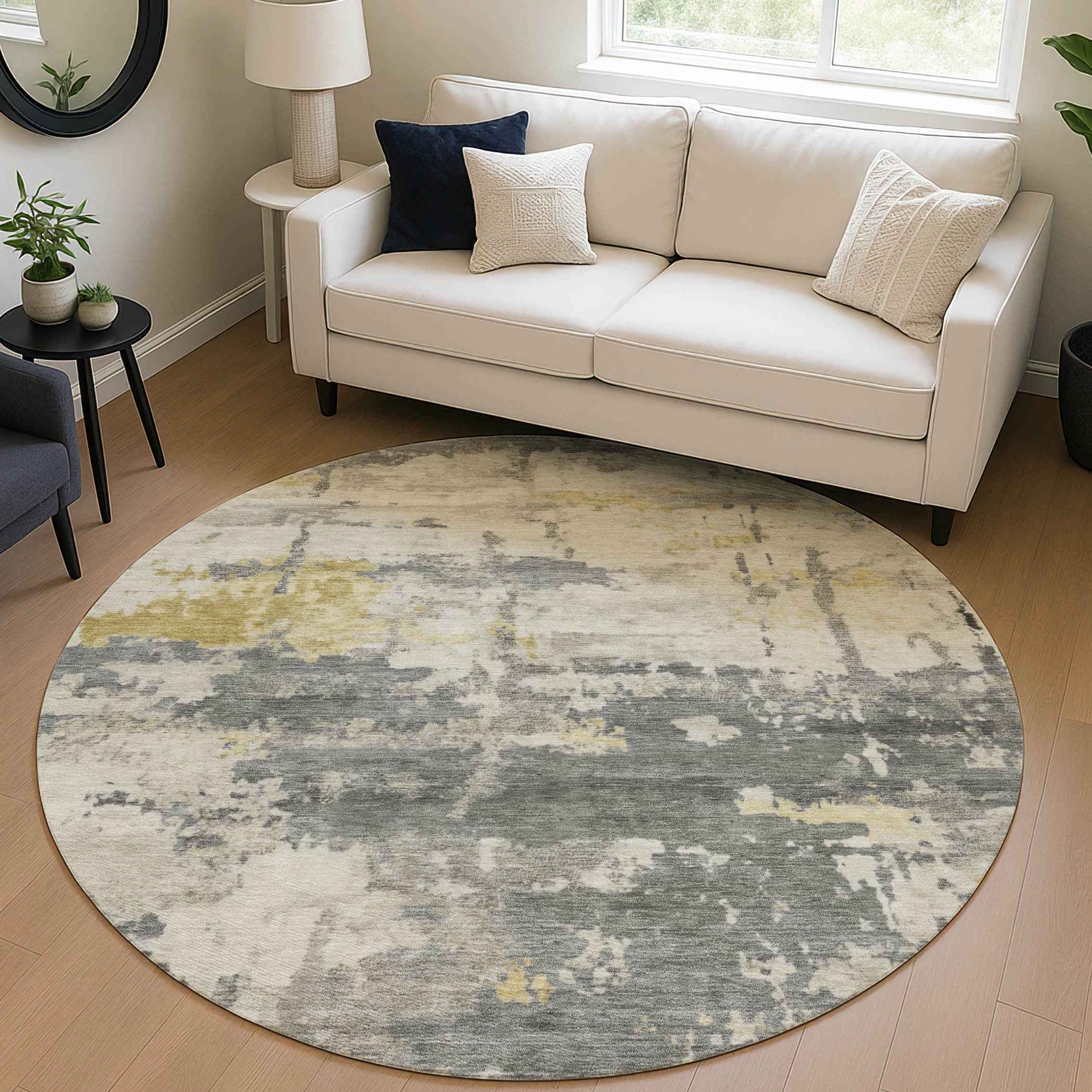 8' Pewter Ivory And Gold Round Abstract Washable Indoor Outdoor Area Rug