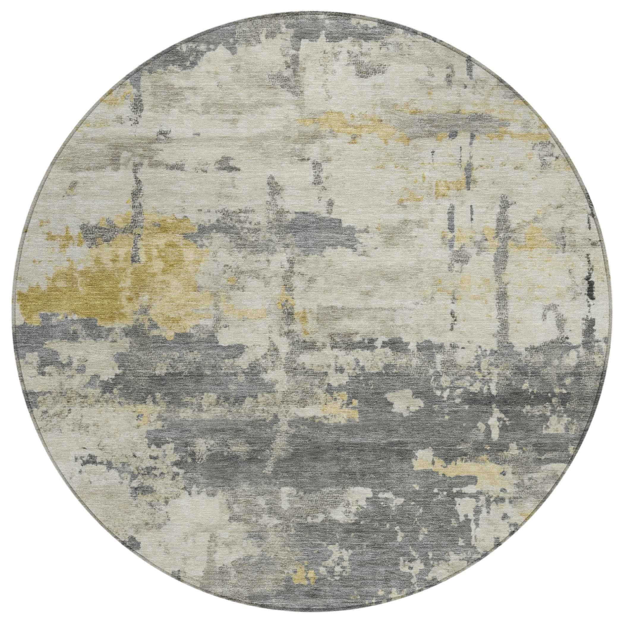 8' Pewter Ivory And Gold Round Abstract Washable Indoor Outdoor Area Rug