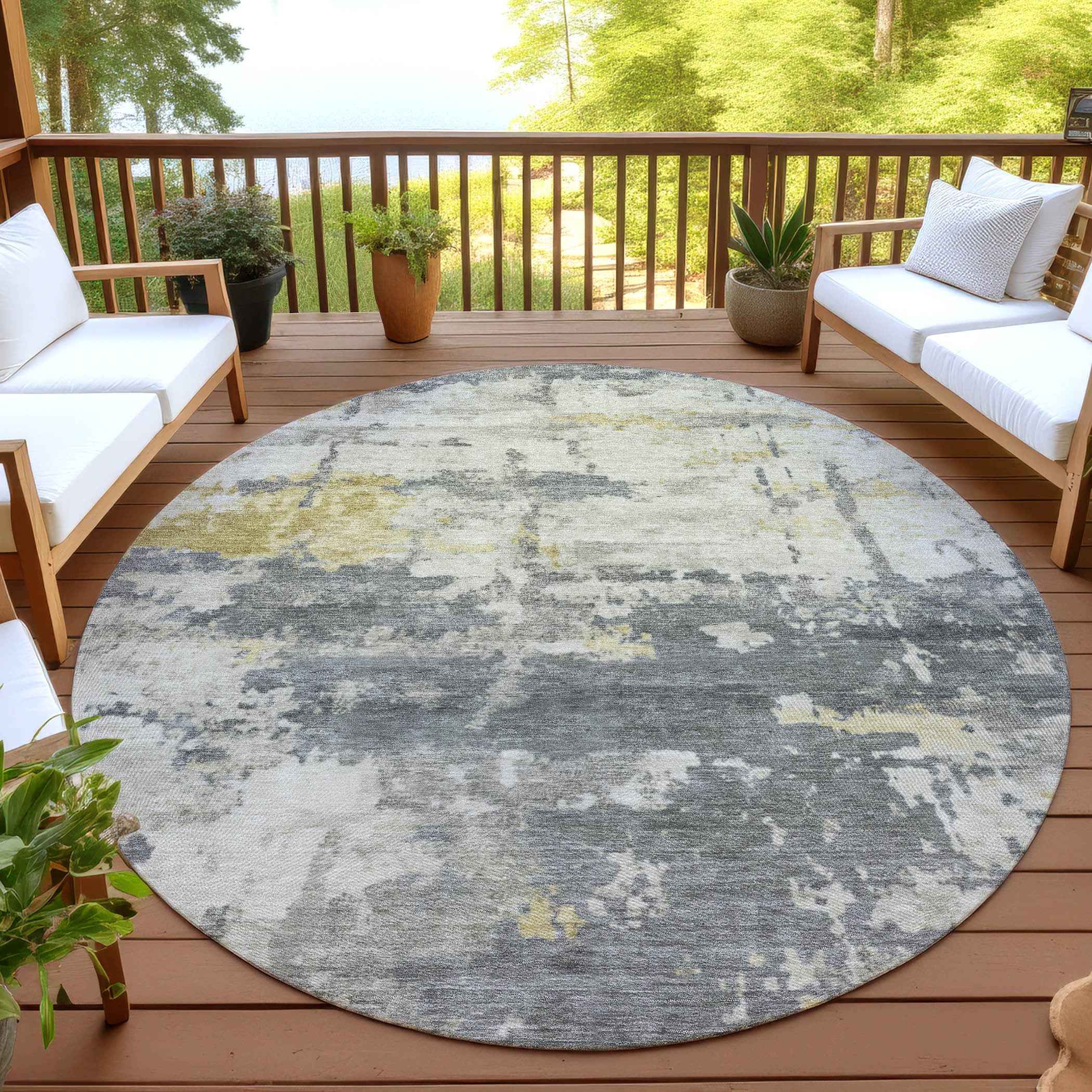 8' Pewter Ivory And Gold Round Abstract Washable Indoor Outdoor Area Rug