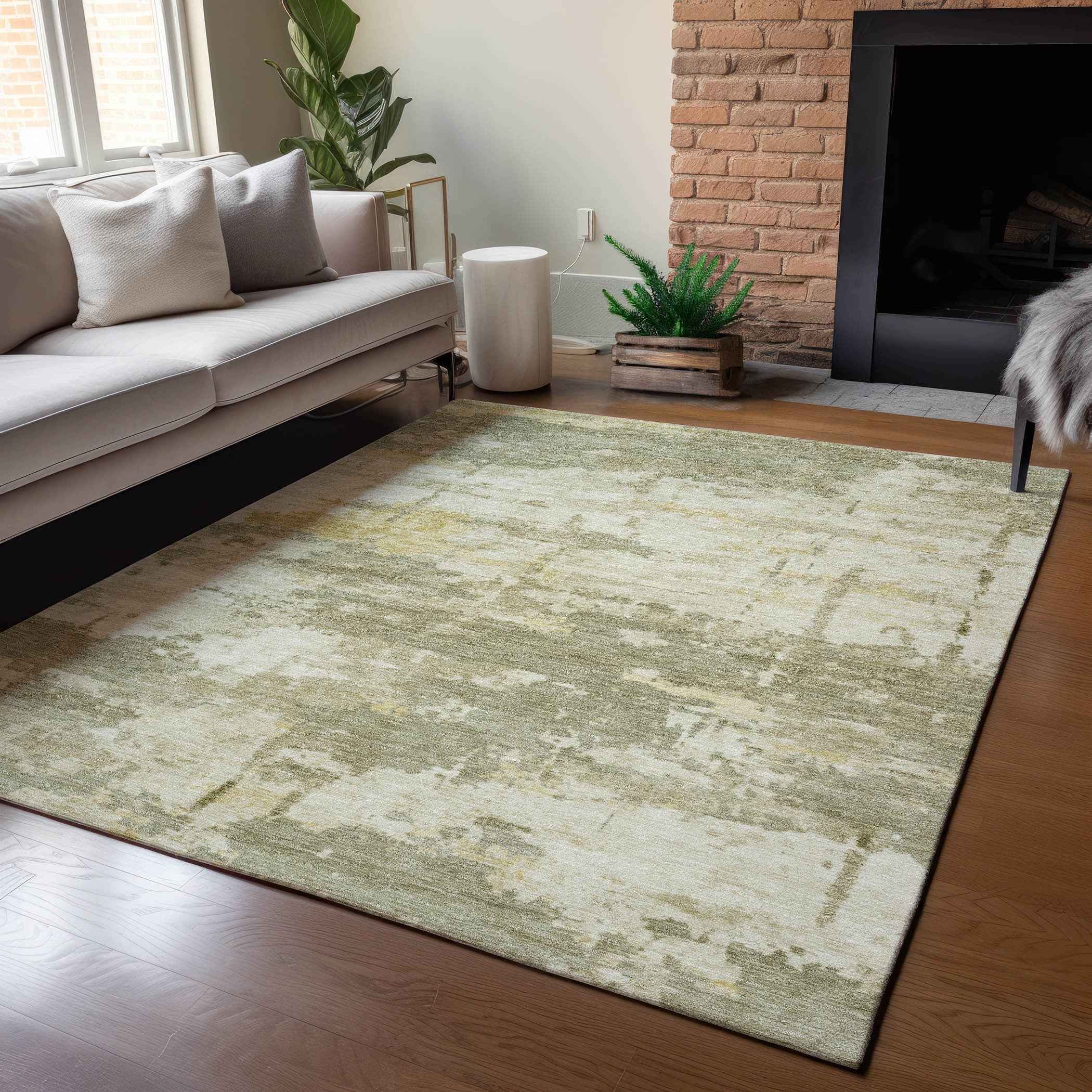 9' X 12' Sage Ivory And Gold Abstract Washable Indoor Outdoor Area Rug
