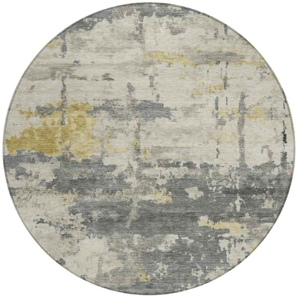 8' Pewter Ivory And Gold Round Abstract Washable Indoor Outdoor Area Rug