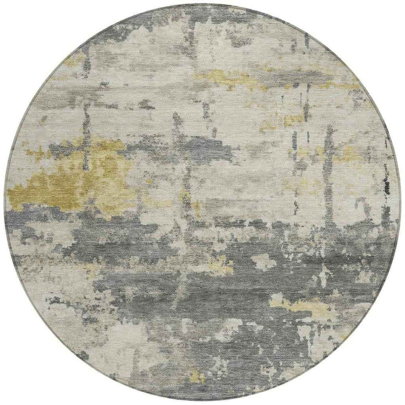 8' Pewter Ivory And Gold Round Abstract Washable Indoor Outdoor Area Rug