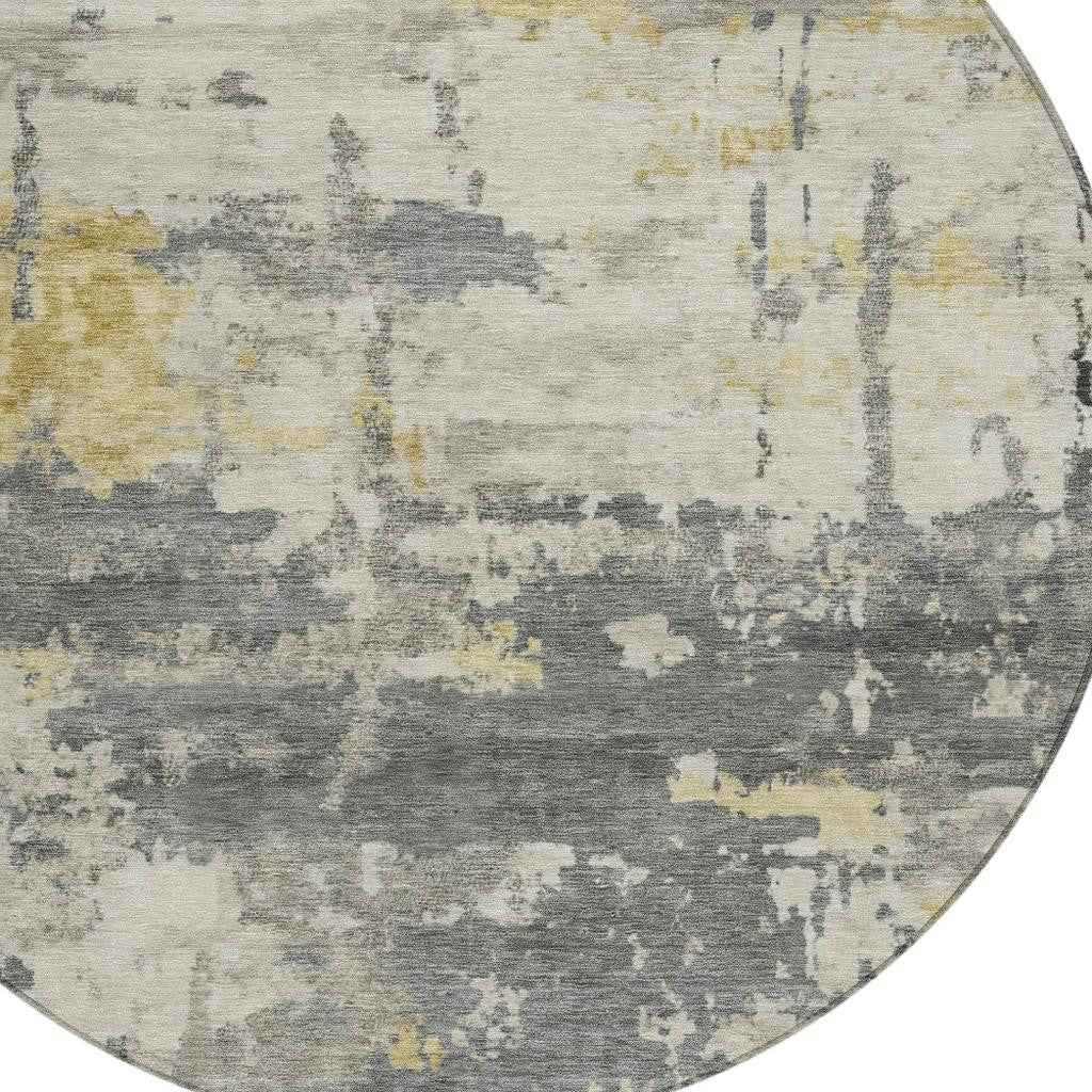 8' Pewter Ivory And Gold Round Abstract Washable Indoor Outdoor Area Rug