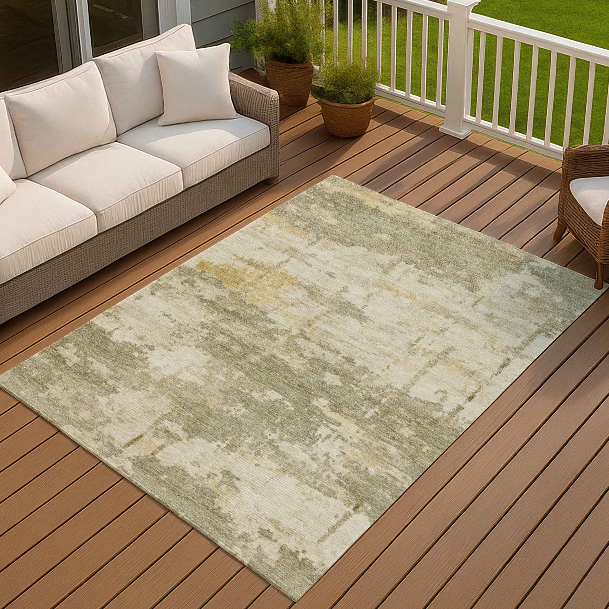 9' X 12' Sage Ivory And Gold Abstract Washable Indoor Outdoor Area Rug