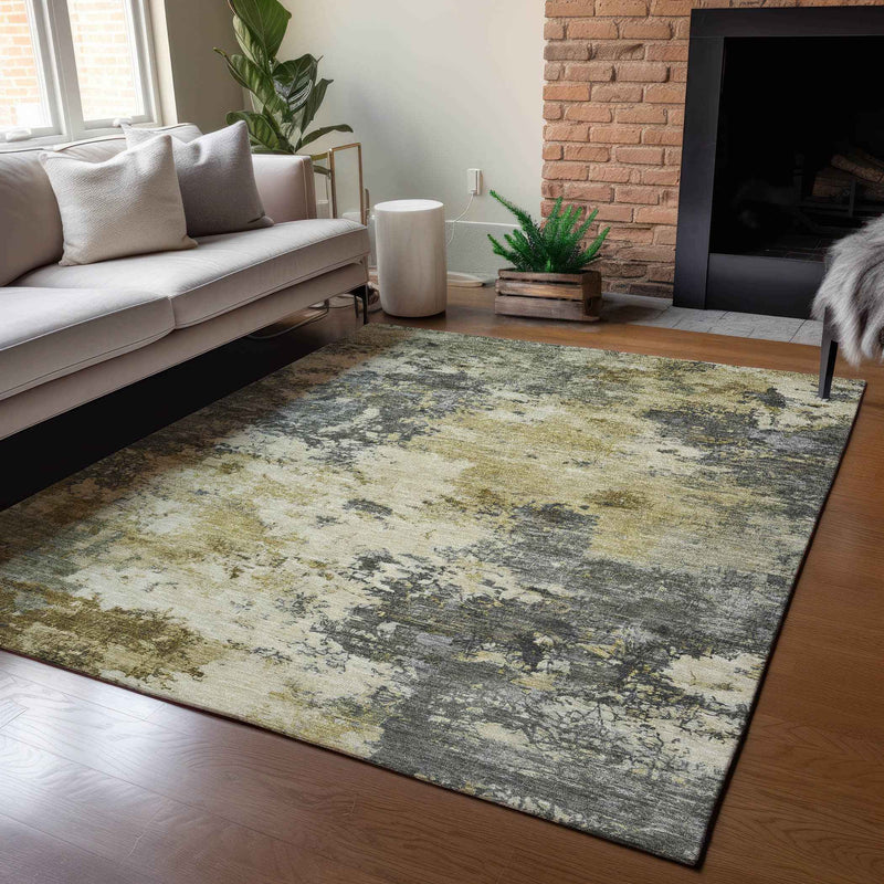 5' X 8' Pewter And Gold Abstract Washable Indoor Outdoor Area Rug