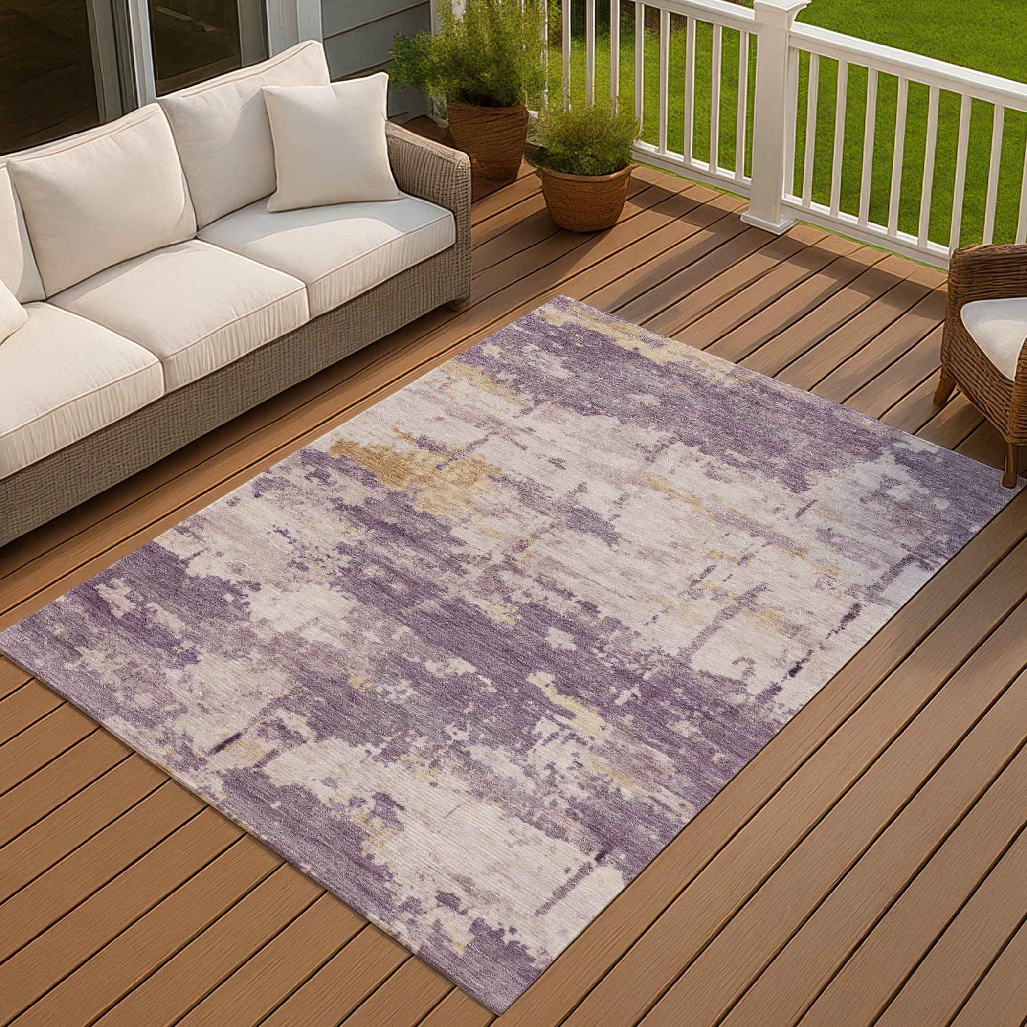 3' X 5' Plum Ivory And Gold Abstract Washable Indoor Outdoor Area Rug