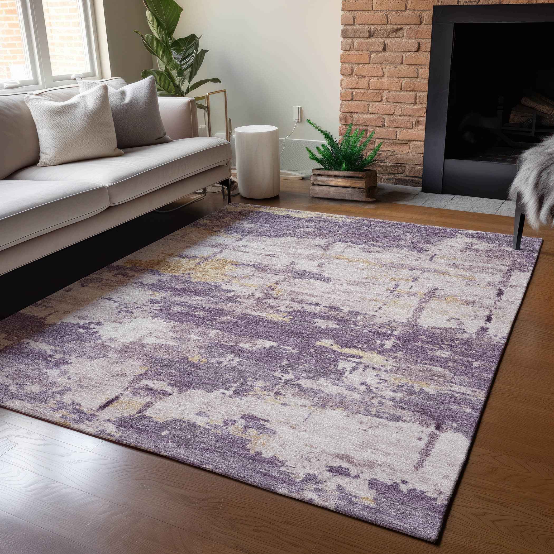 3' X 5' Plum Ivory And Gold Abstract Washable Indoor Outdoor Area Rug