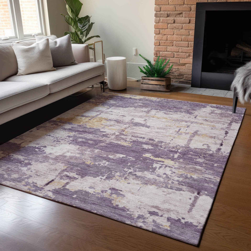 10' X 14' Plum Ivory And Gold Abstract Washable Indoor Outdoor Area Rug