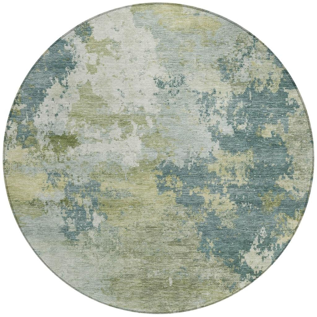 8' Aqua And Green Round Abstract Washable Indoor Outdoor Area Rug - Sports & Outdoor