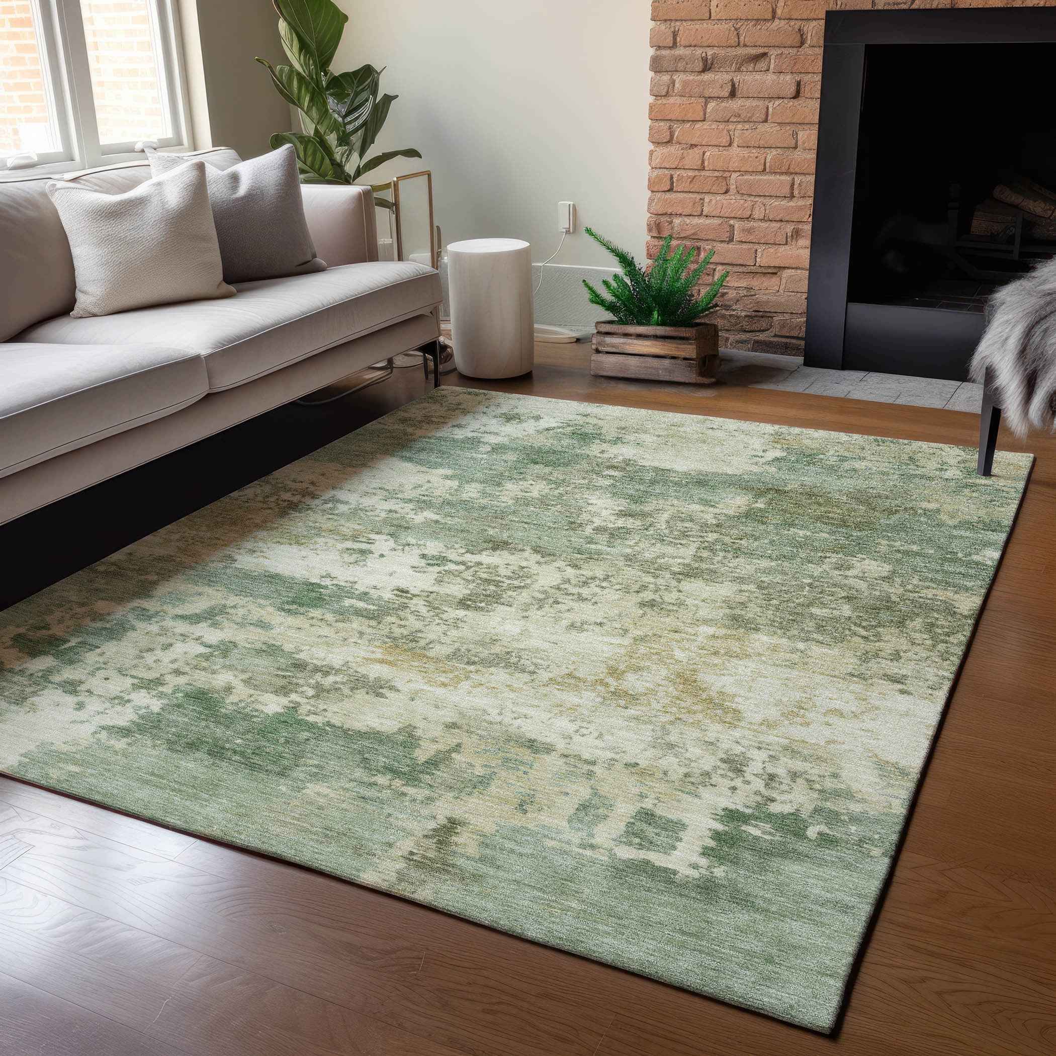 10' X 14' Sage And Beige Abstract Washable Indoor Outdoor Area Rug