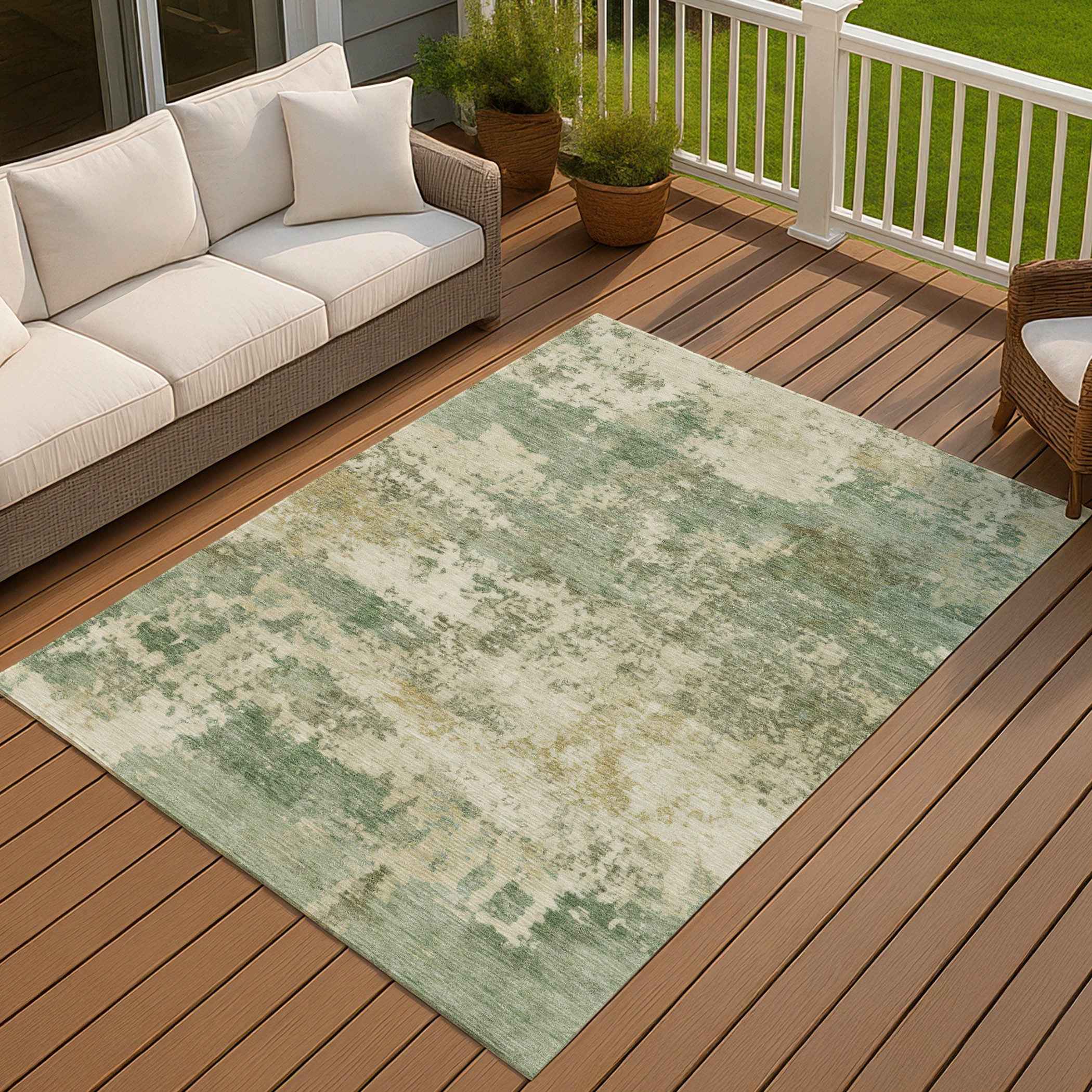 10' X 14' Sage And Beige Abstract Washable Indoor Outdoor Area Rug