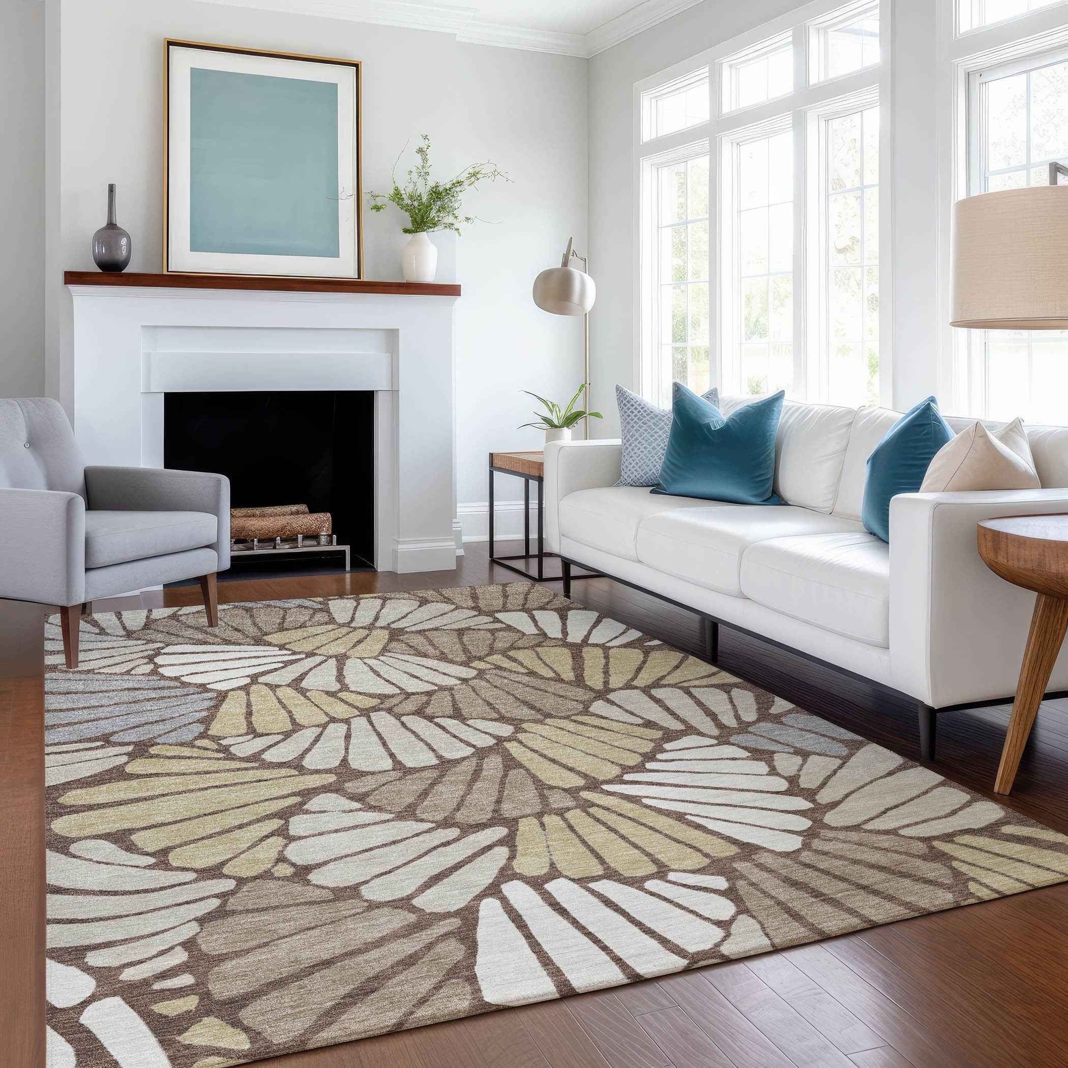 5' X 8' Chocolate Gold And Gray Floral Washable Indoor Outdoor Area Rug