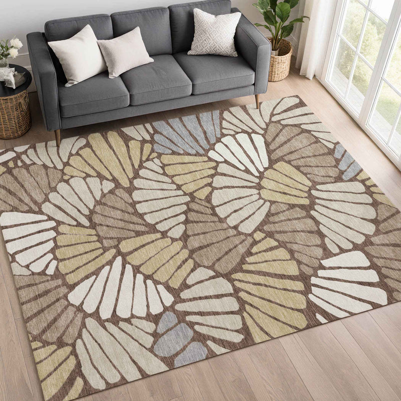 5' X 8' Chocolate Gold And Gray Floral Washable Indoor Outdoor Area Rug