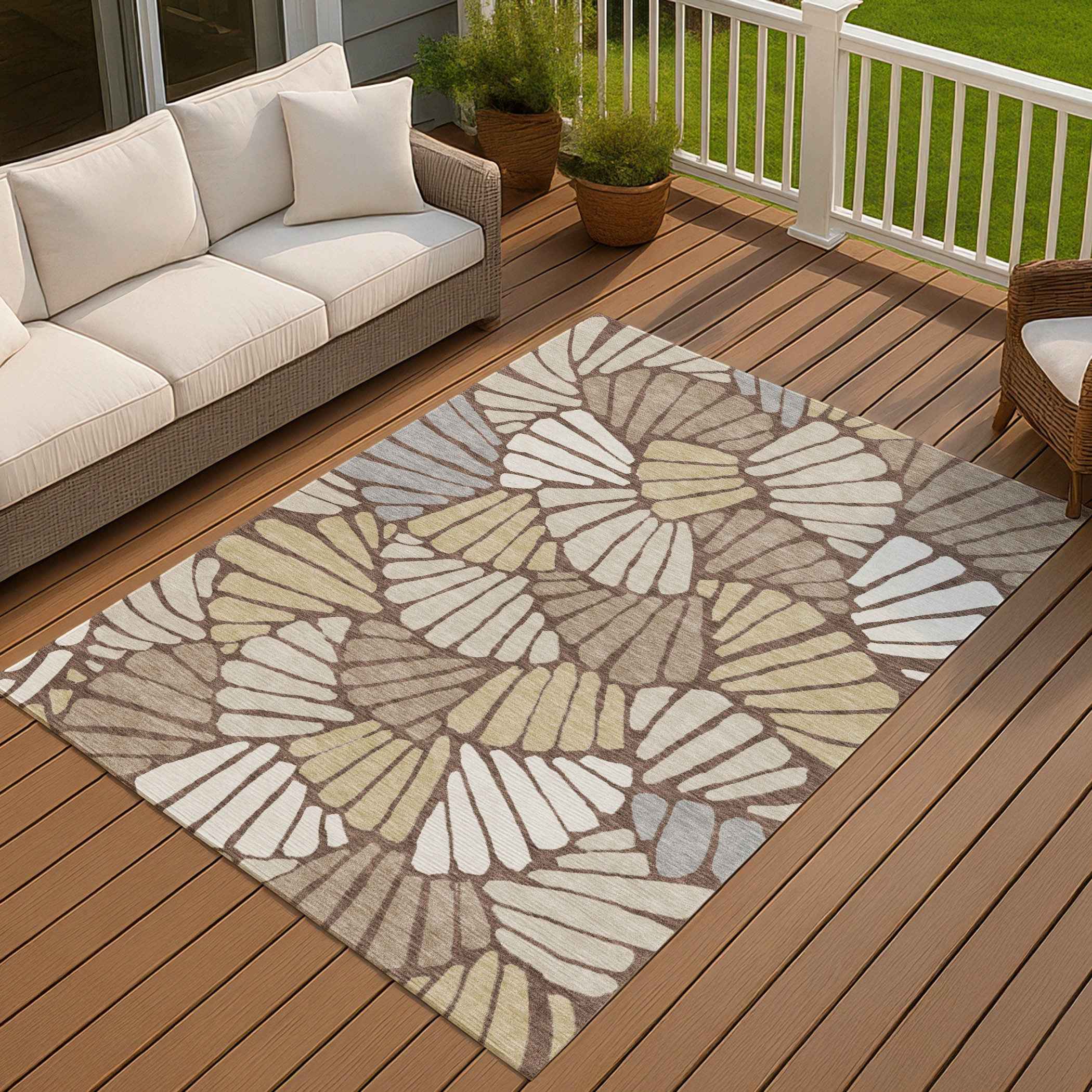 5' X 8' Chocolate Gold And Gray Floral Washable Indoor Outdoor Area Rug