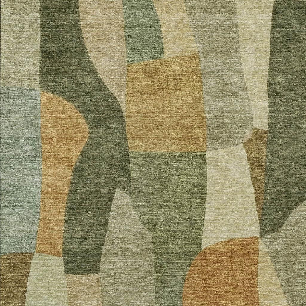 10' X 14' Fern Green And Gold Abstract Washable Indoor Outdoor Area Rug - Sports & Outdoor