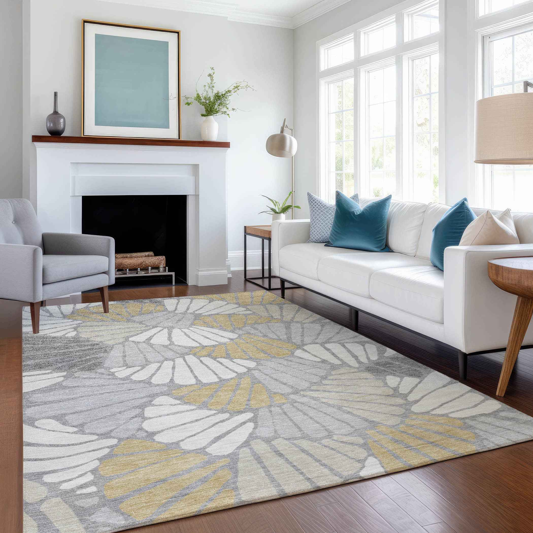 3' X 5' Gray Gold And Ivory Floral Washable Indoor Outdoor Area Rug