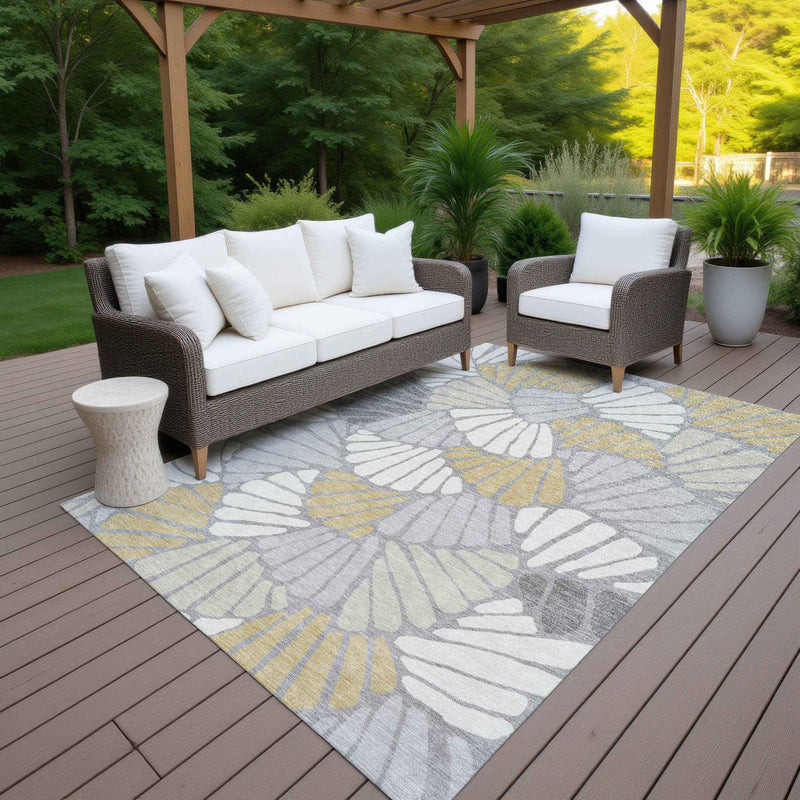 3' X 5' Gray Gold And Ivory Floral Washable Indoor Outdoor Area Rug