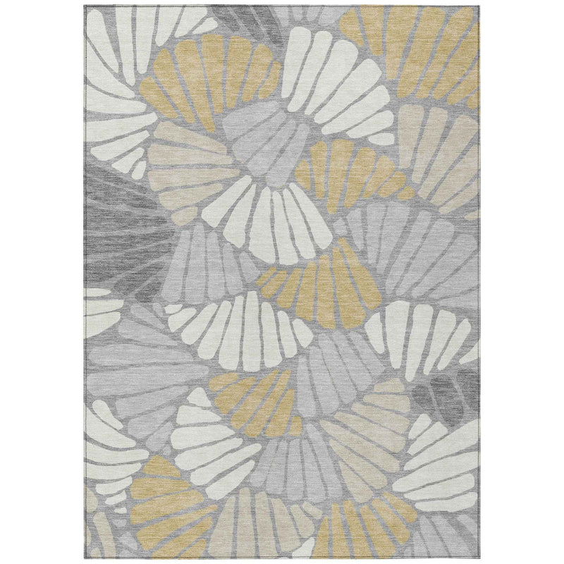 3' X 5' Gray Gold And Ivory Floral Washable Indoor Outdoor Area Rug