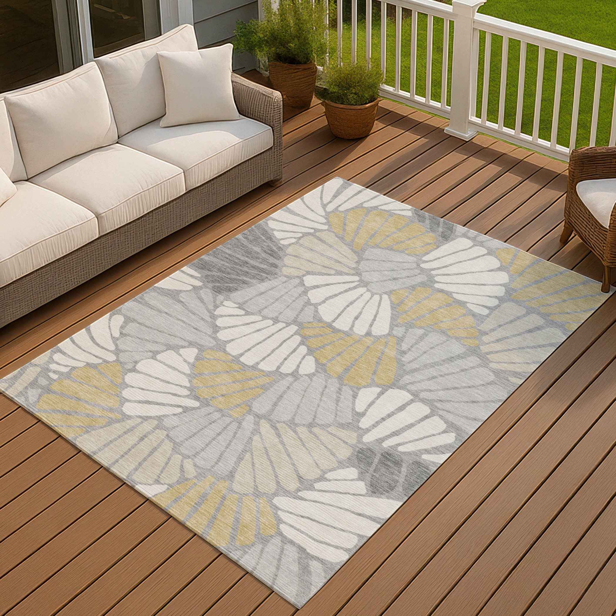 3' X 5' Gray Gold And Ivory Floral Washable Indoor Outdoor Area Rug