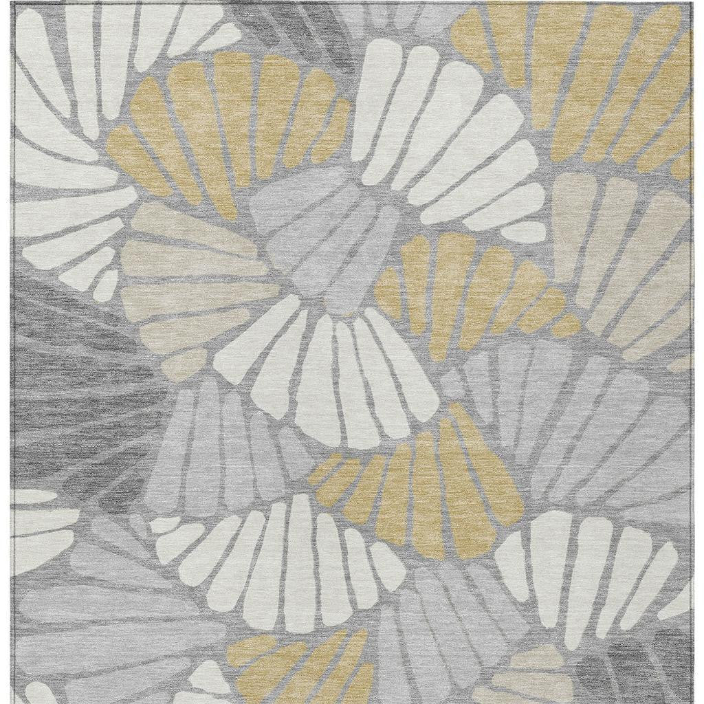 5' X 8' Gray Gold And Ivory Floral Washable Indoor Outdoor Area Rug - Sports & Outdoor
