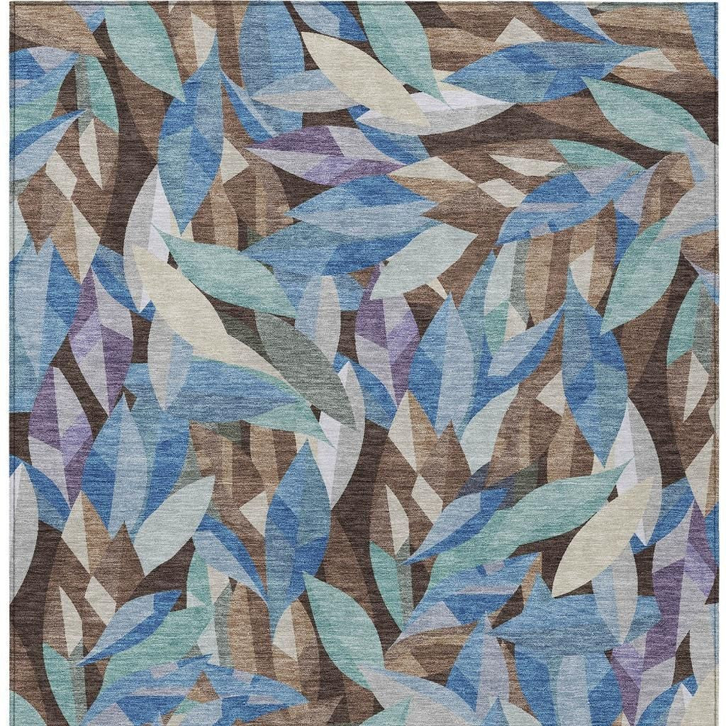 5' X 8' Brown And Blue Floral Washable Indoor Outdoor Area Rug - Sports & Outdoor