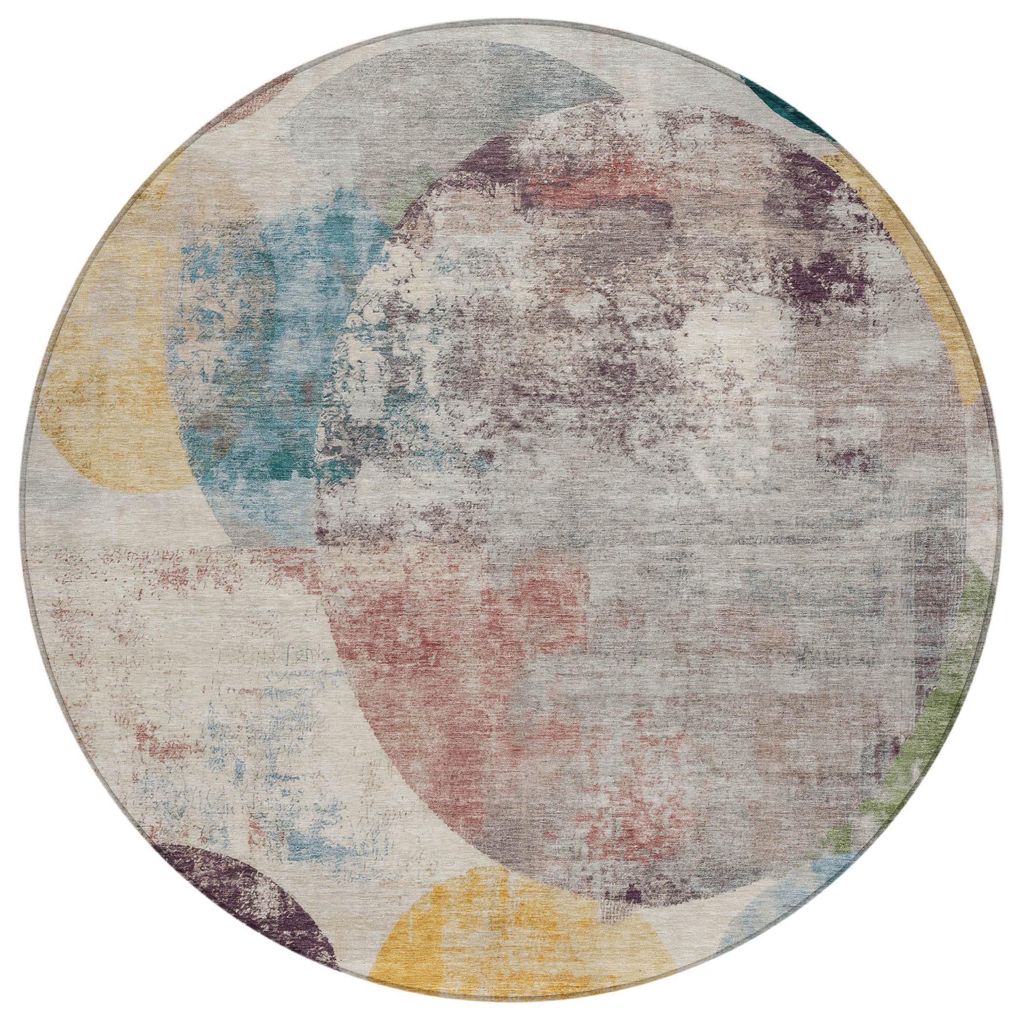 8' Beige Teal Blue And Gold Round Geometric Washable Indoor Outdoor Area Rug - Sports & Outdoor