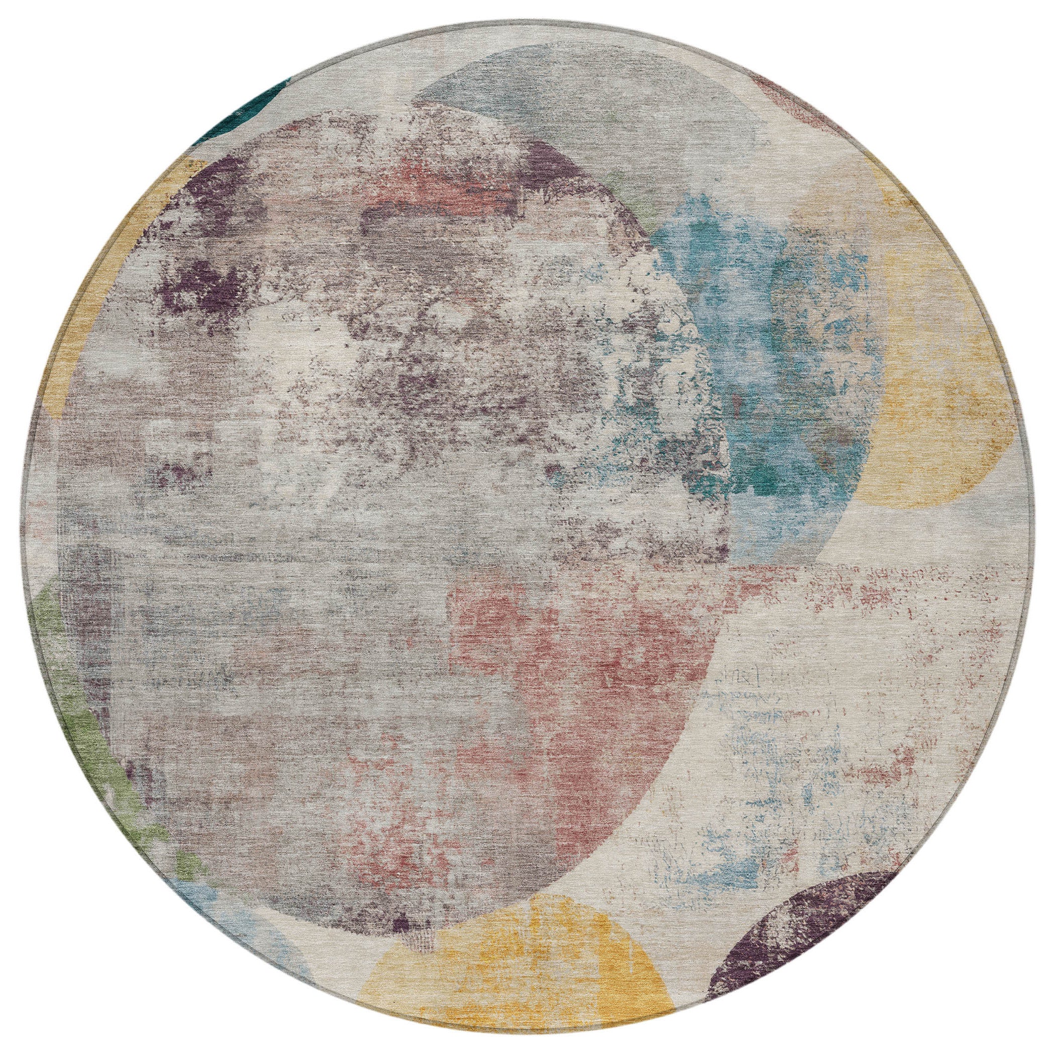 8' Beige Teal Blue And Gold Round Geometric Washable Indoor Outdoor Area Rug - Sports & Outdoor