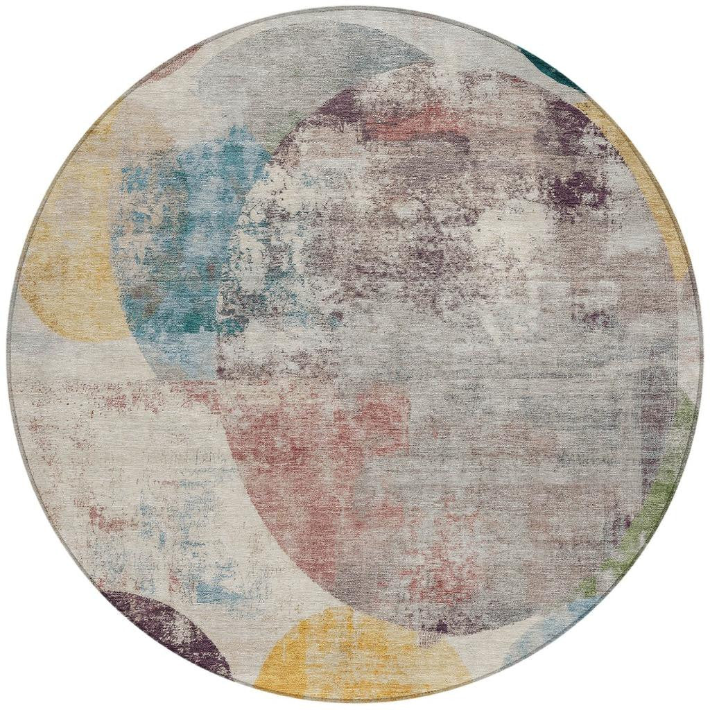 8' Beige Teal Blue And Gold Round Geometric Washable Indoor Outdoor Area Rug - Sports & Outdoor